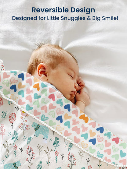 Polka Tots 100% Soft Muslin Cotton 3-Layer Reversible Baby Blanket/Dohar with Pom-Pom Lace - Mini Hearts & Bloomy Bear Print