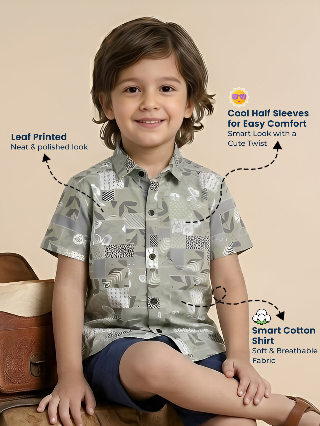 Polka Tots Cotton Regular Fit Half Sleeve Leaf Printed Shirt - Pista Green