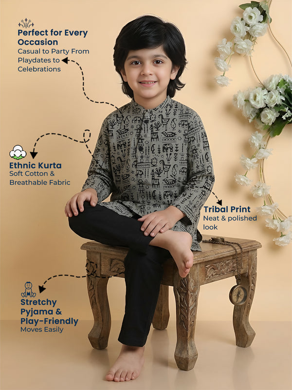 Polka Tots Cotton Full Sleeve Tribal Print Ethnic Kurta Pyjama Set - Black