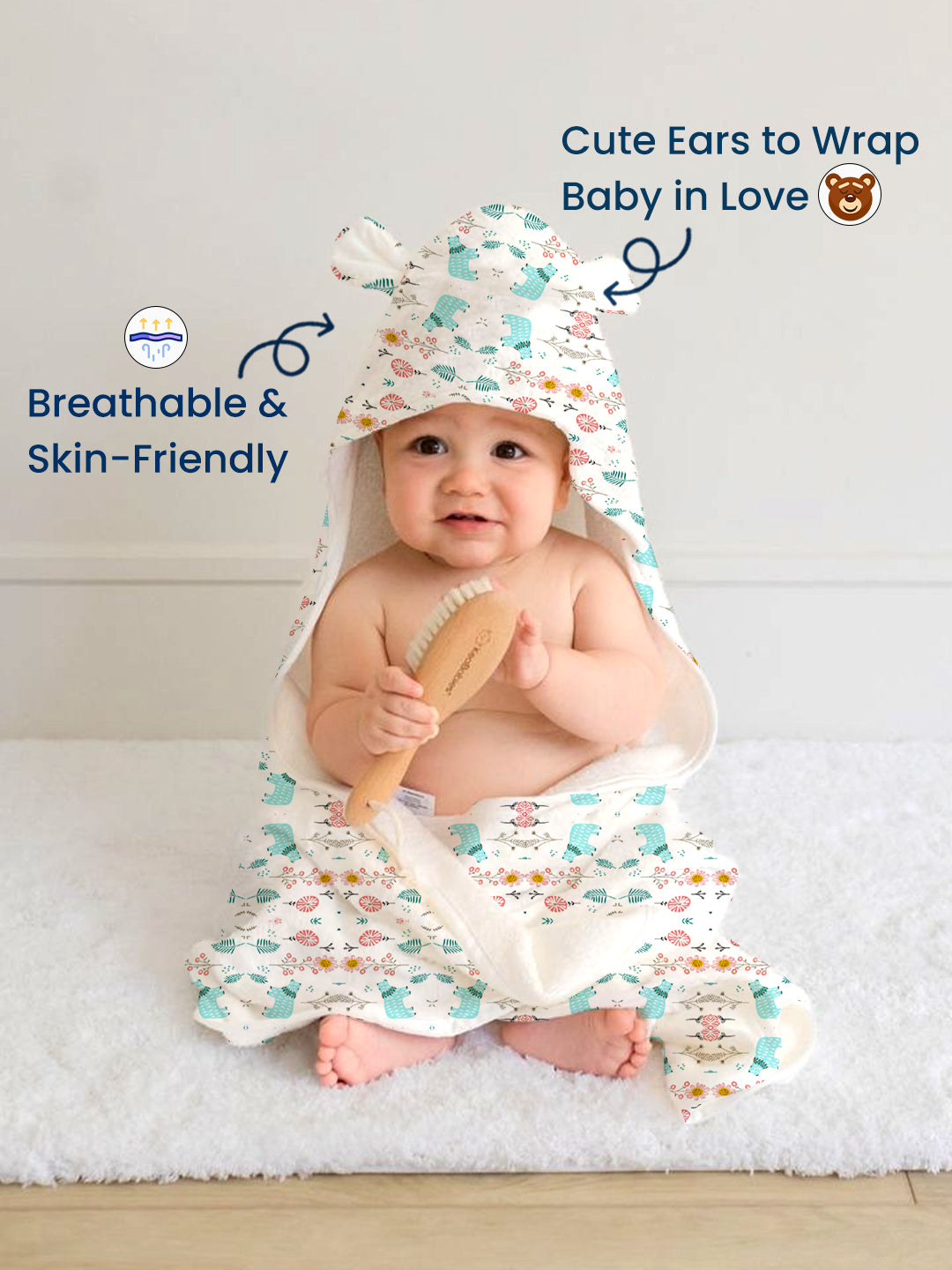 Polka Tots 100% Soft Muslin Cotton 2-Layer Hooded Baby Towel with Ear Appliqué - Bloomy Bear Print