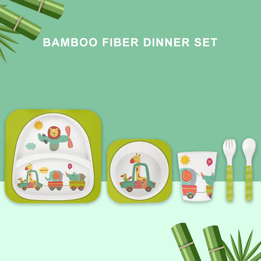 Polka Tots Eco Friendly Bamboo Fiber Kids Dinner Set (Safari) - Green