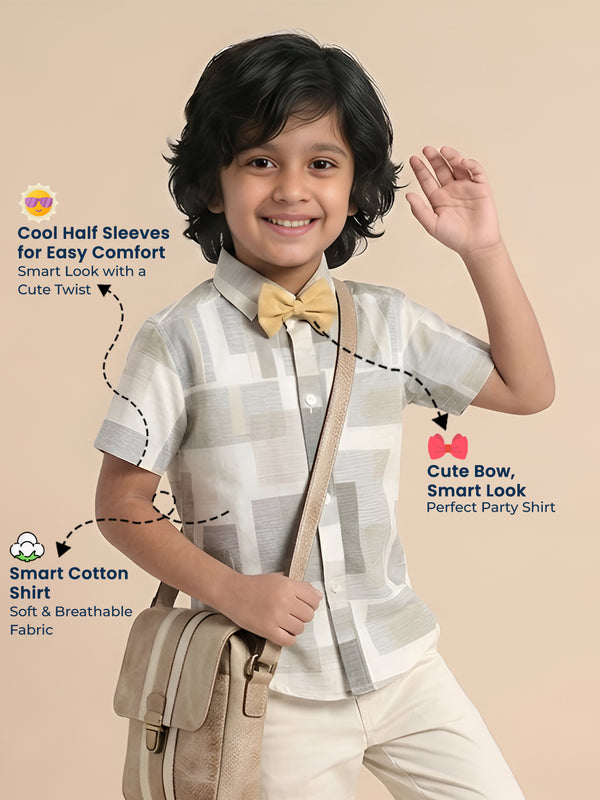 Polka Tots Half Sleeves Shirt with Bow Tie - Beige