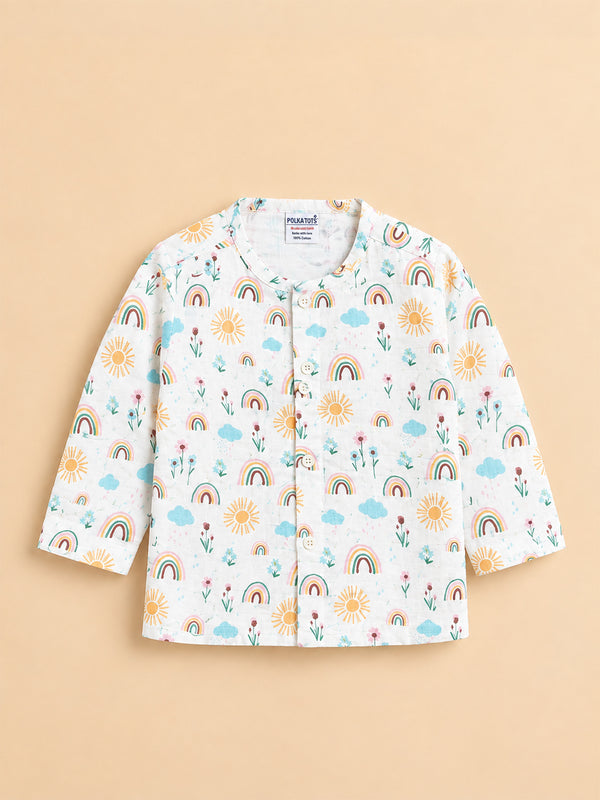 MulMul Sparsh Full Sleeve Rainbow Print Muslin Jabla & Pant Set – White