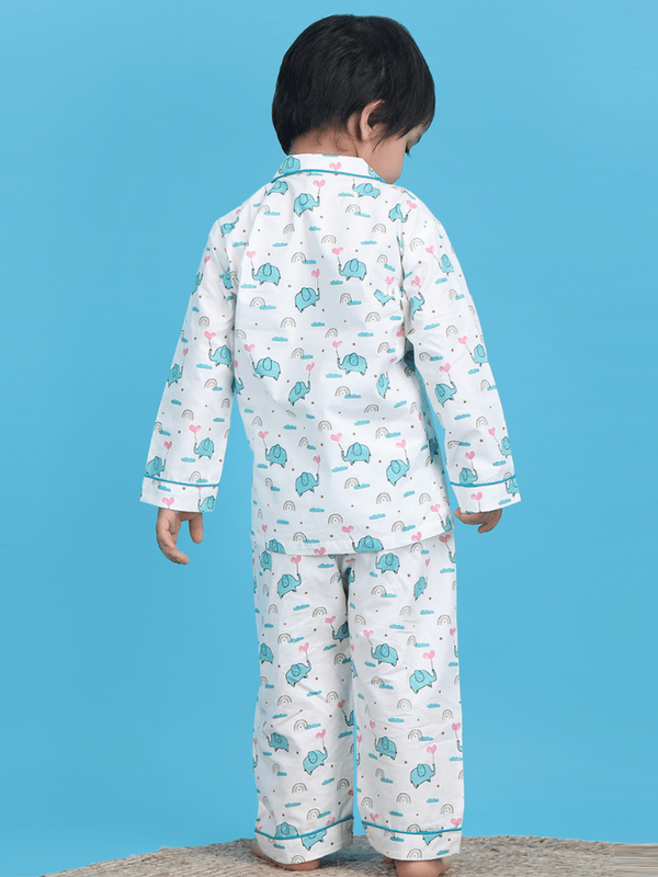 Polka Tots Full sleeve Elephant print Night suit - White