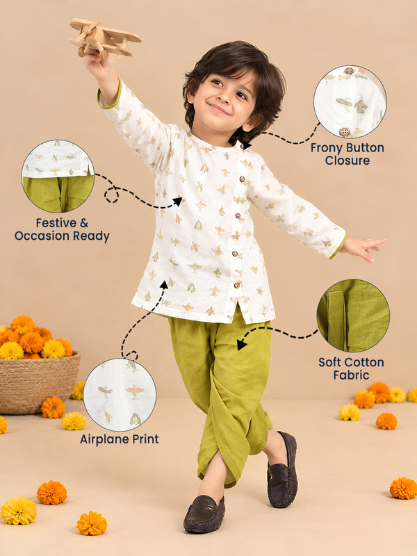 Polka Tots Cotton Full Sleeve Airplane Print Angrakha Top With Dhoti - Green