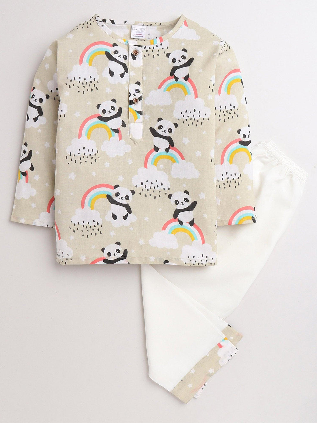 Polka Tots Panda Rainbow Print Full sleeves Nightwear Kurta pyjama set - Cream
