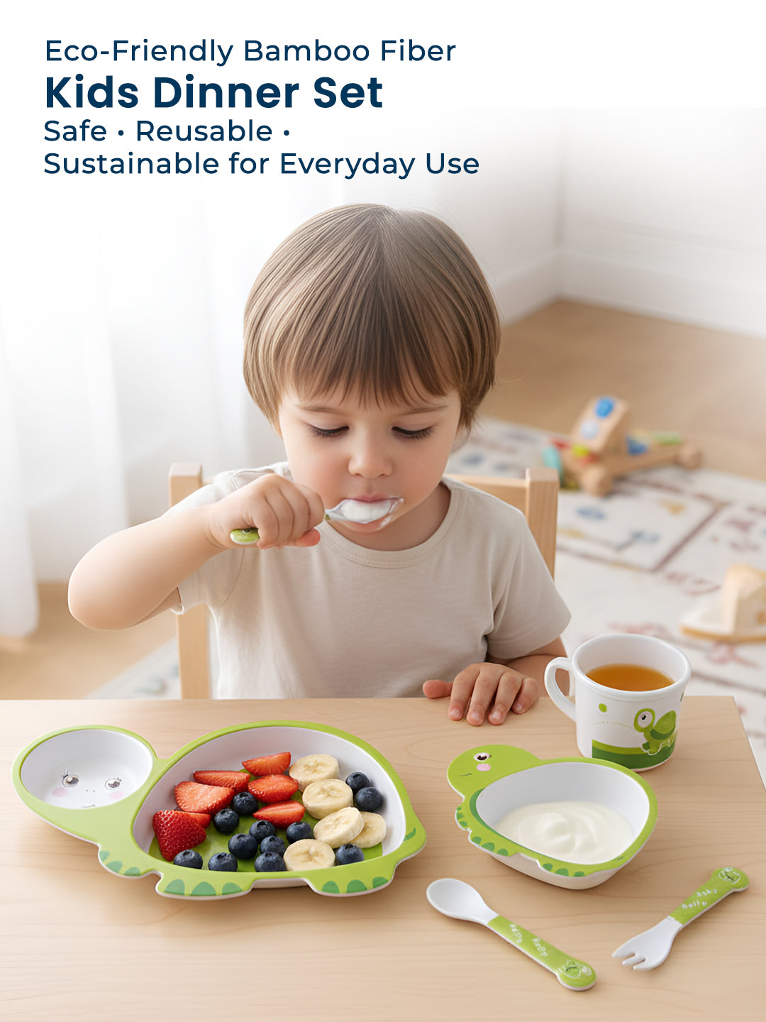 Eco-Friendly 5 Pieces Bamboo Fiber Kids Dinner Set (Turtle)