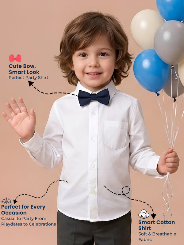 Polka Tots Full Sleeves Cotton Shirt with Bow Tie - White