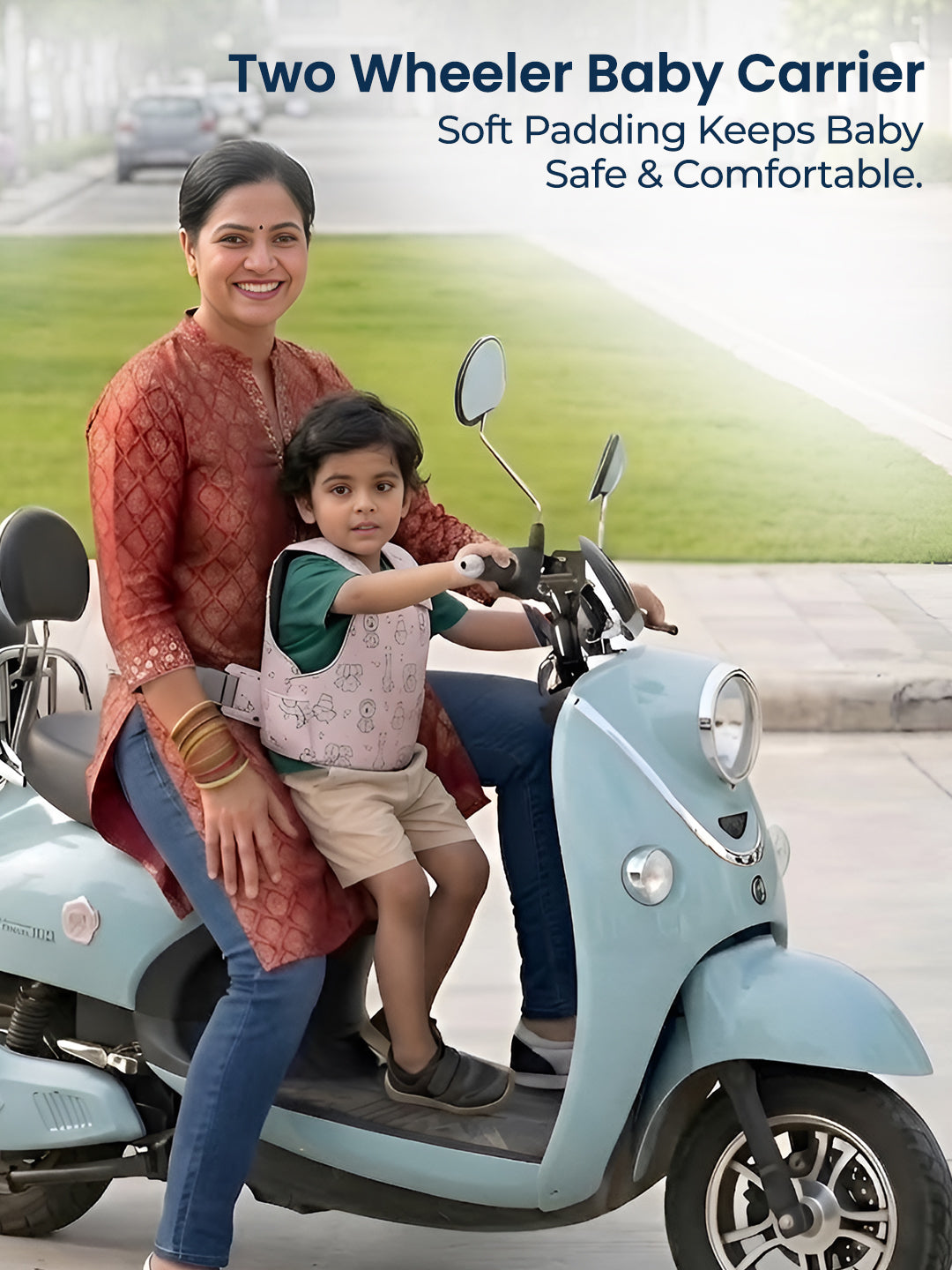 Woman and child on a scooter with a two-wheeler baby carrier, text about safety and comfort.