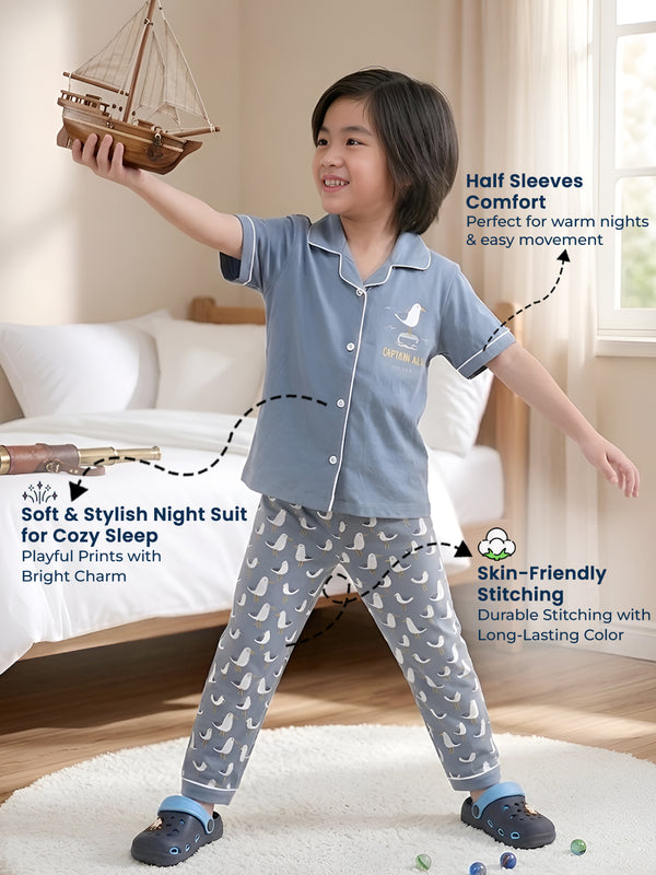 Polka Tots Half sleeves Captain Gull Print Night Suit - Grey