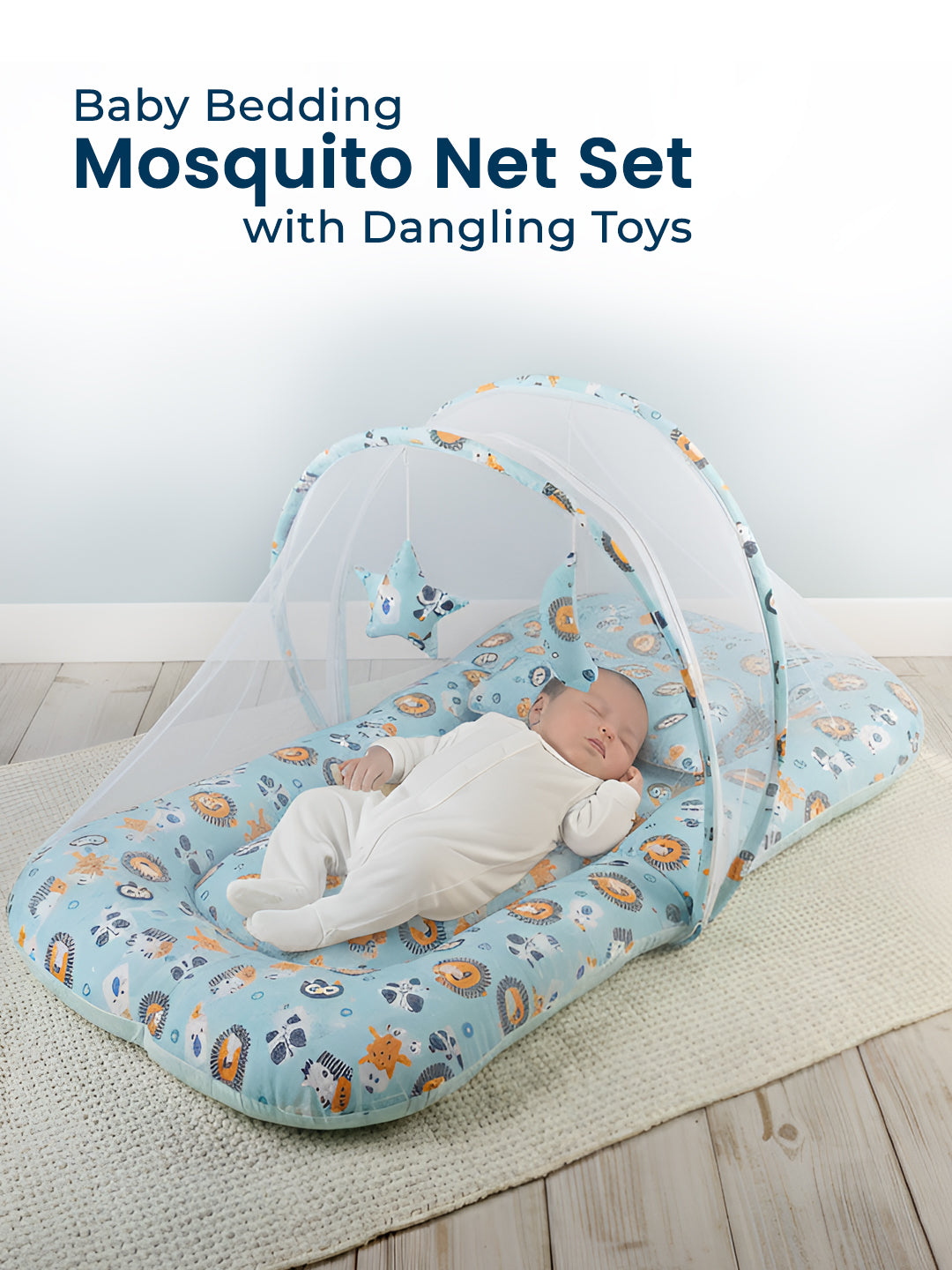 Baby bedding mosquito net set with dangling toys featuring a baby sleeping inside.