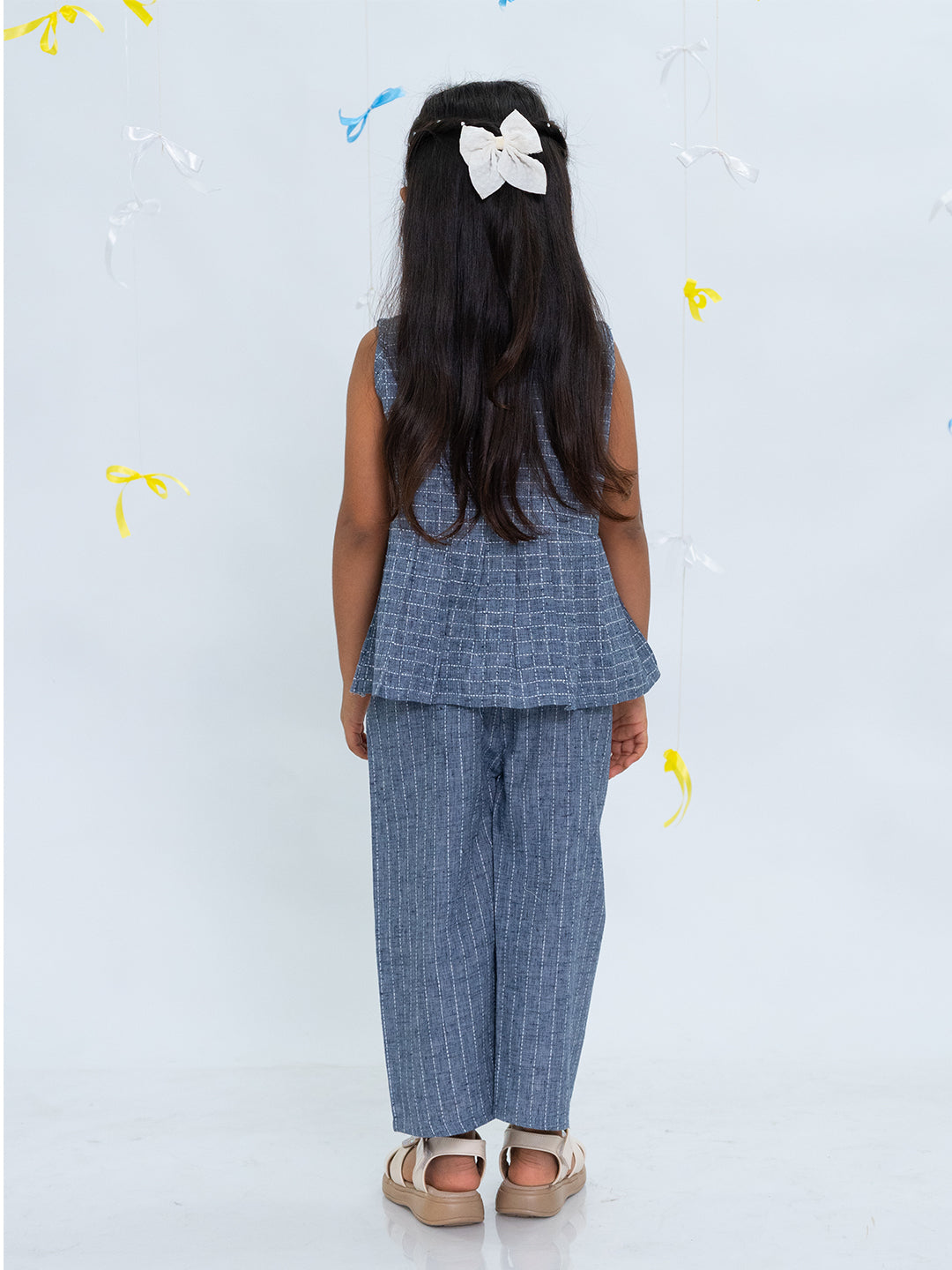Polka Tots Sleeveless  Statement Bow Girls top & Bottom Set- Blue