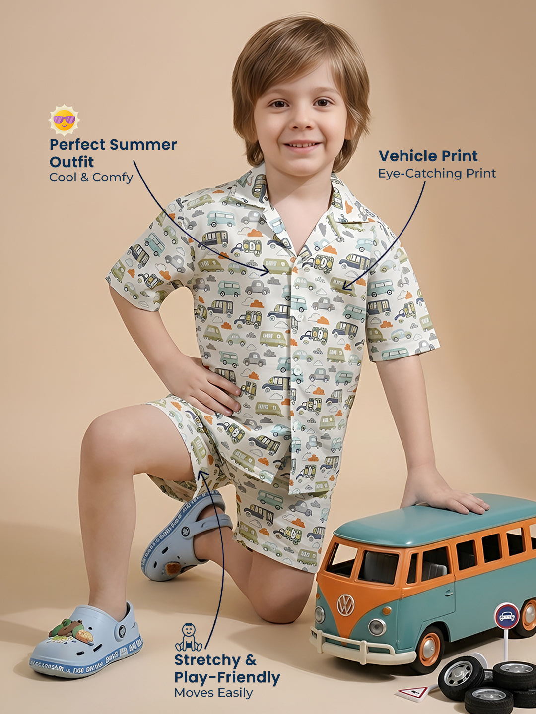 Polka Tots Half Sleeves Vehicle print Co-ord set - White