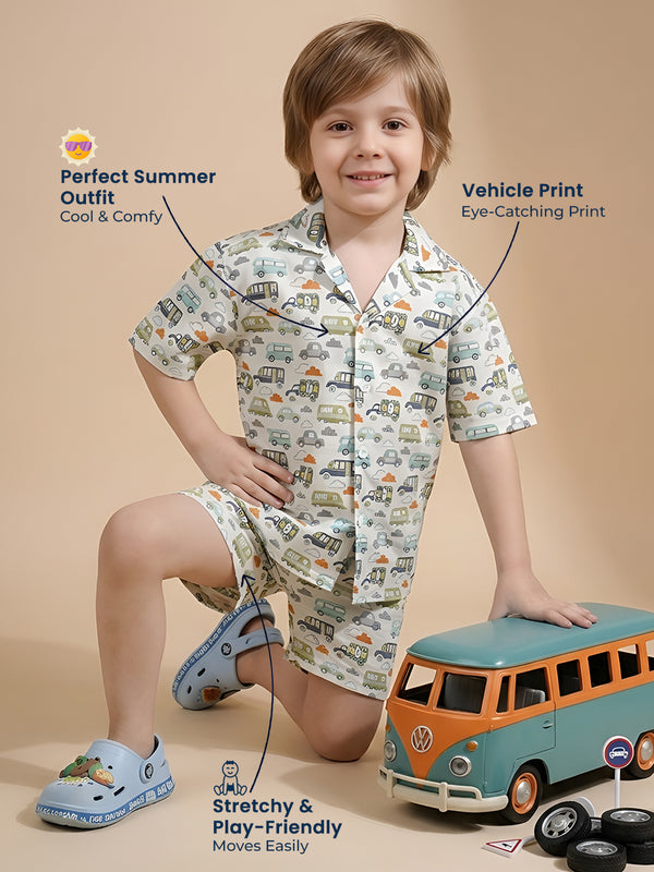 Polka Tots Half Sleeves Vehicle print Co-ord set - White