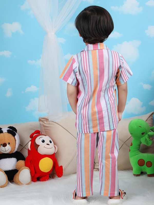 Polka Tots Half sleeves Stripes print Night Suit - Pink/Orange