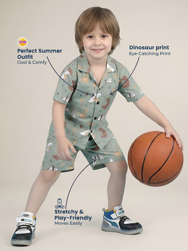 Polka Tots Half Sleeves Dinosaur print Shirt Shorts - Green