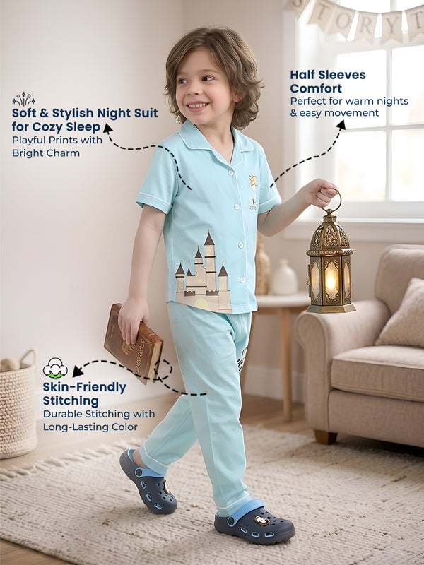 Polka Tots Half sleeves My Prince Print Night Suit - Aqua