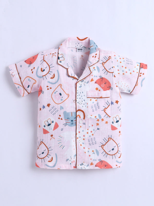 Polka Tots Half Sleeve Muslin print Night Suit- Pink