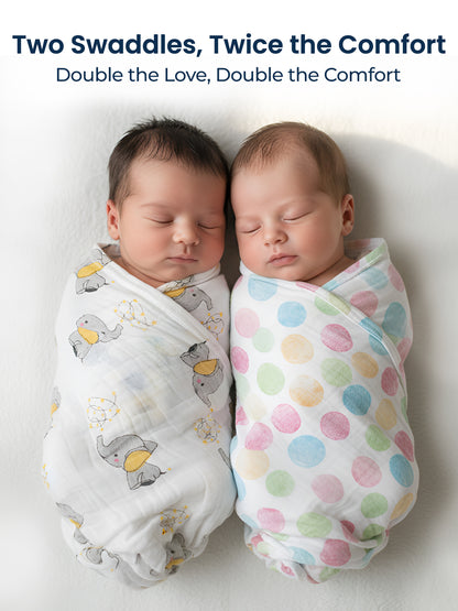 Two babies swaddled in patterned swaddles with text 'Two Swaddles, Twice the Comfort' above them.
