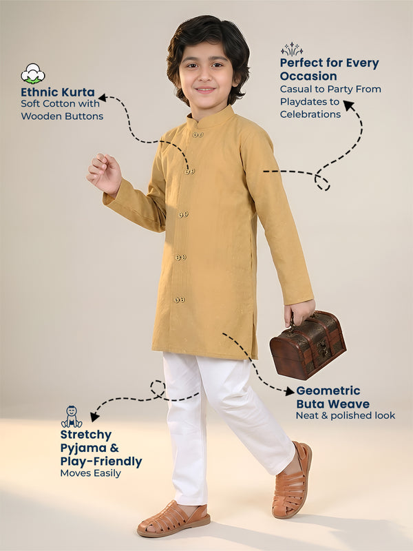 Polka Tots Full Sleeve Boys Geometric Buta Weave Ethnic Kurta Pyjama Set with Wooden Buttons - Mustard Yellow