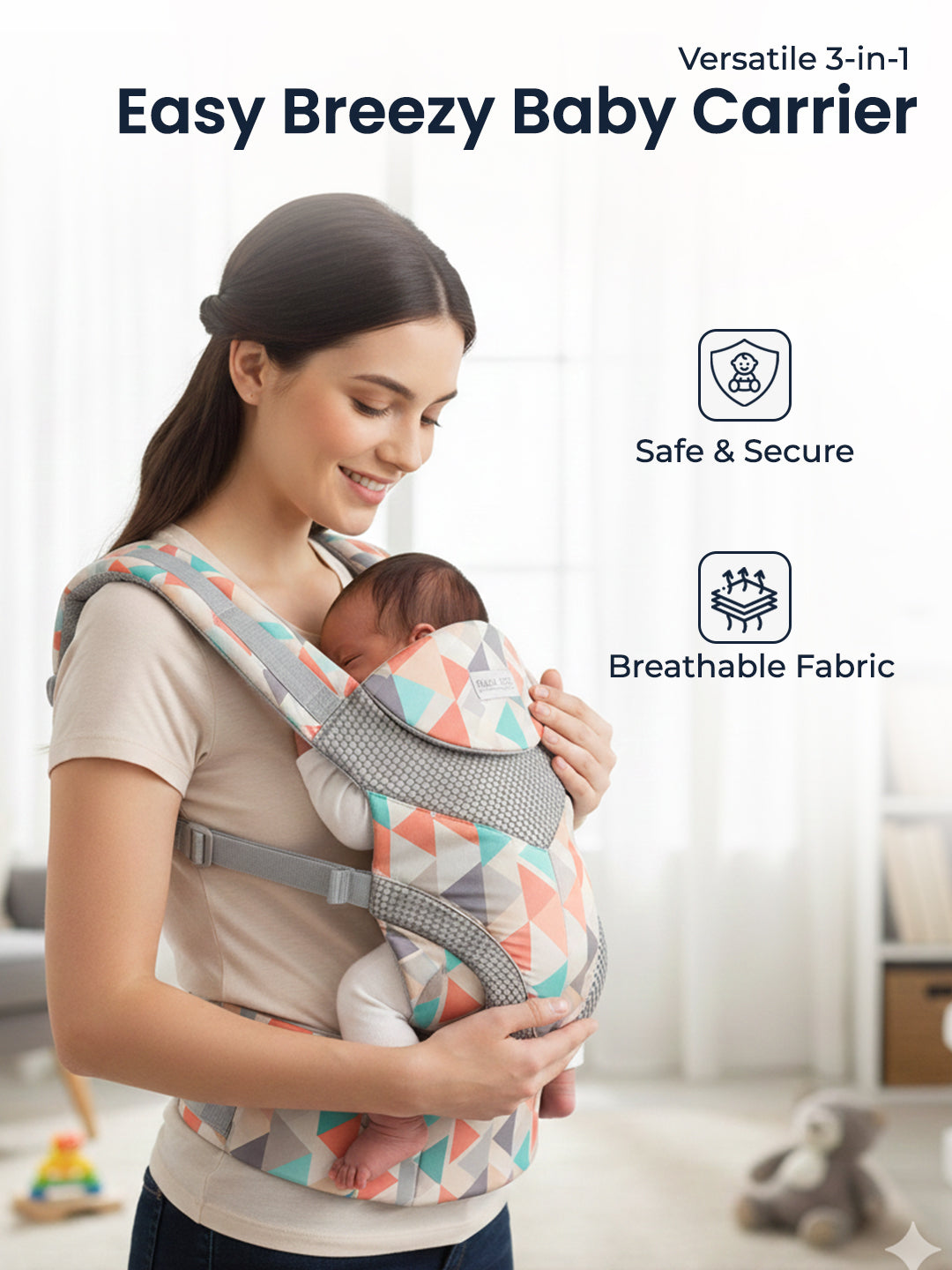 Woman holding a baby in an Easy Breezy baby carrier with text highlighting features.