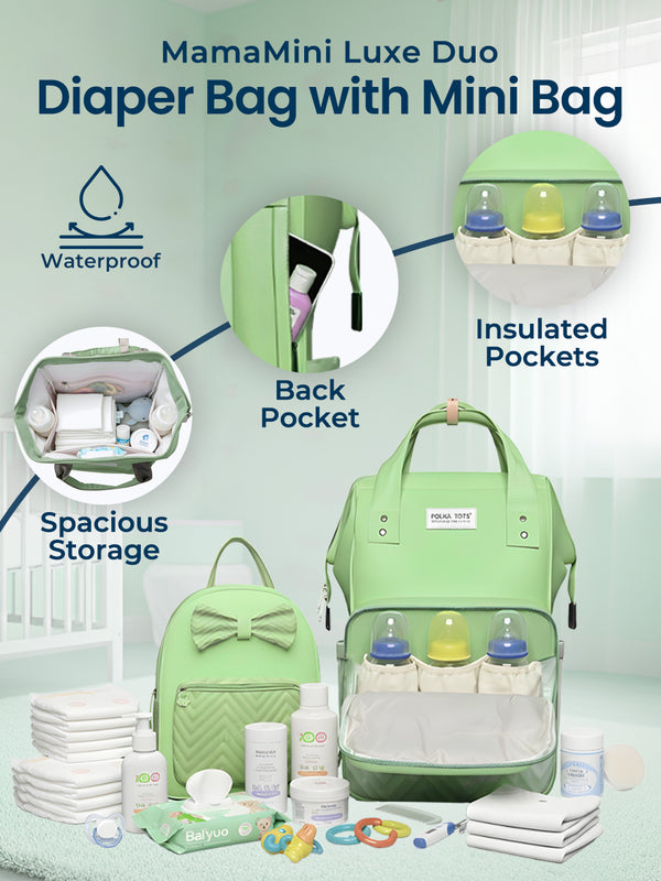 MamaMini Luxe Duo Diaper Bag with Tote and Mini Bag - Green