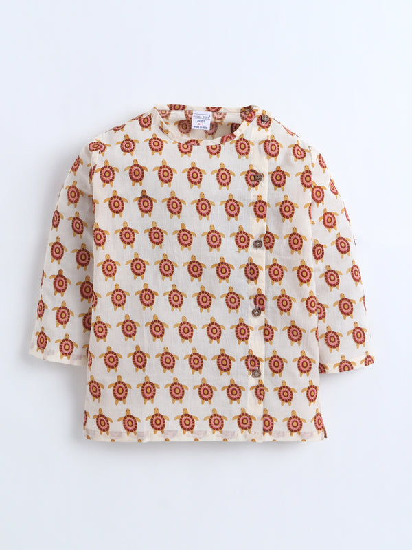 Polka Tots Turtle Print Angrakha Top With Dhoti - Multicolour