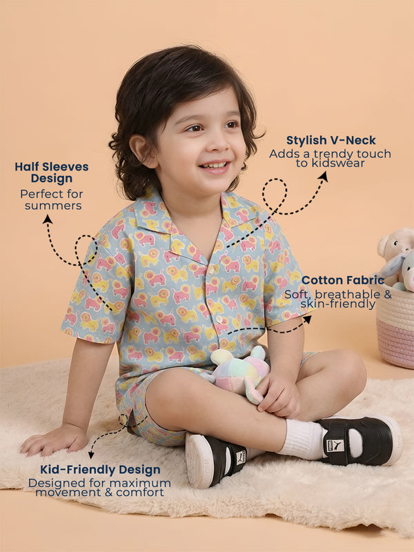 Polka Tots Half Sleeves Lion Print Co-ords - Multicolor