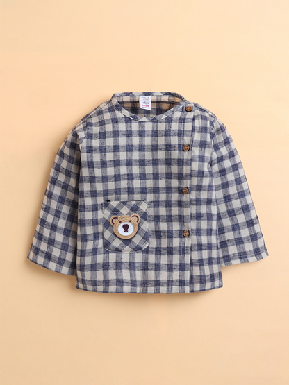 Polka Tots Soft Cotton Full-Sleeves Teddy Pocket Gingham Jhabla & Pant Set - Blue