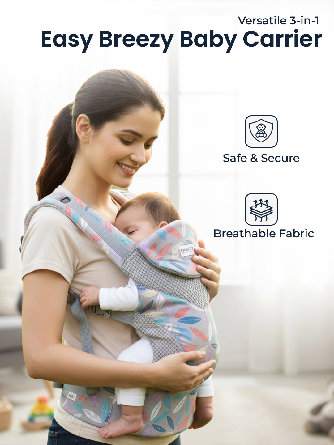 Woman holding a baby in an Easy Breezy Baby Carrier with product features highlighted.