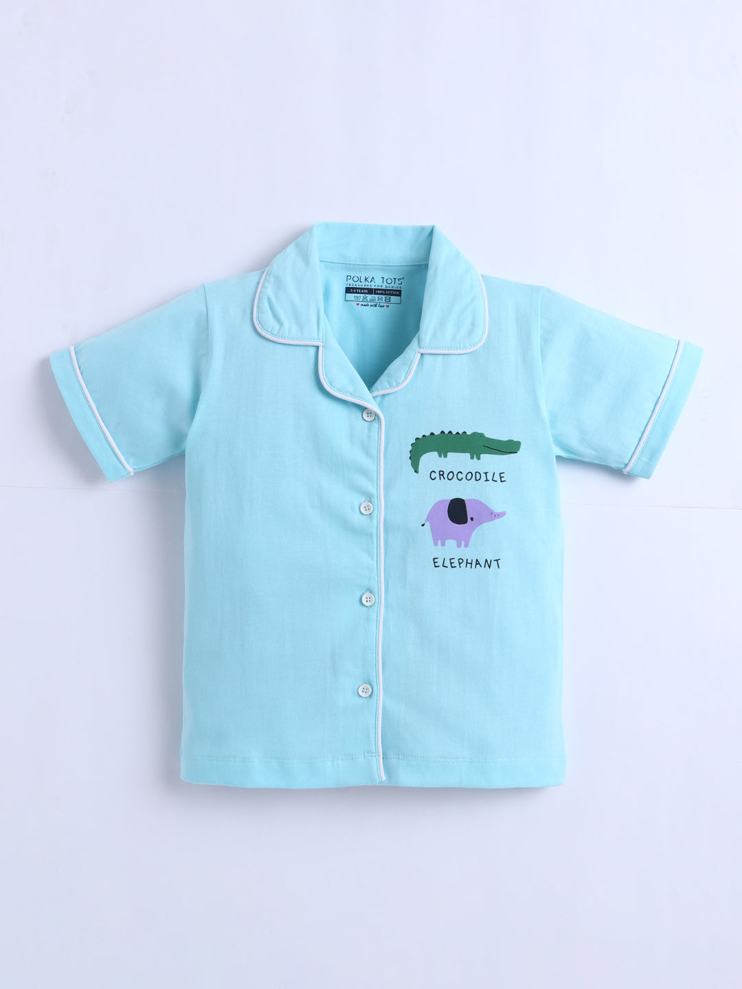 Light blue children's shirt with animal illustrations on a light purple background