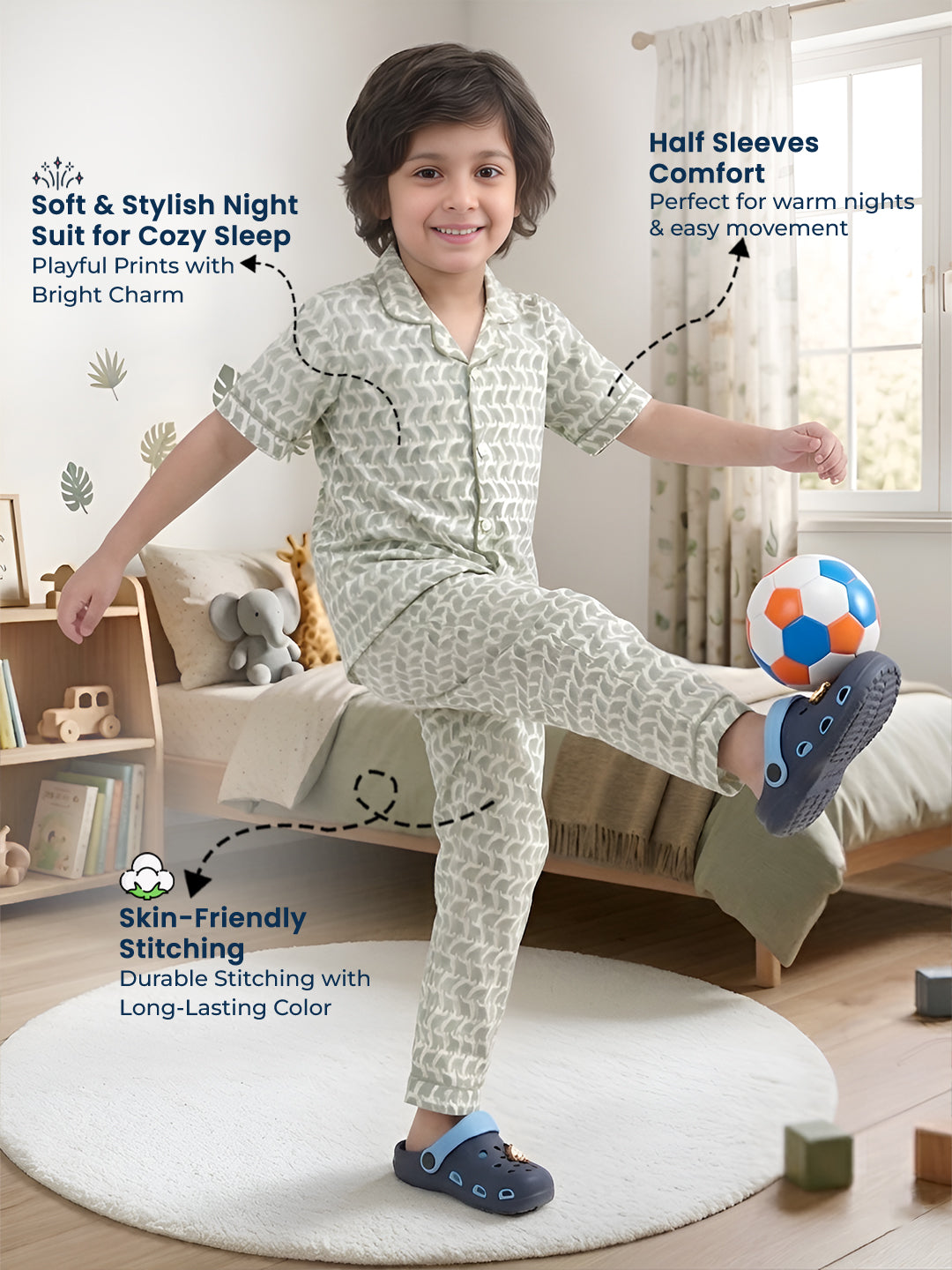 Polka Tots Half sleeves Elephant print Night Suit - Green
