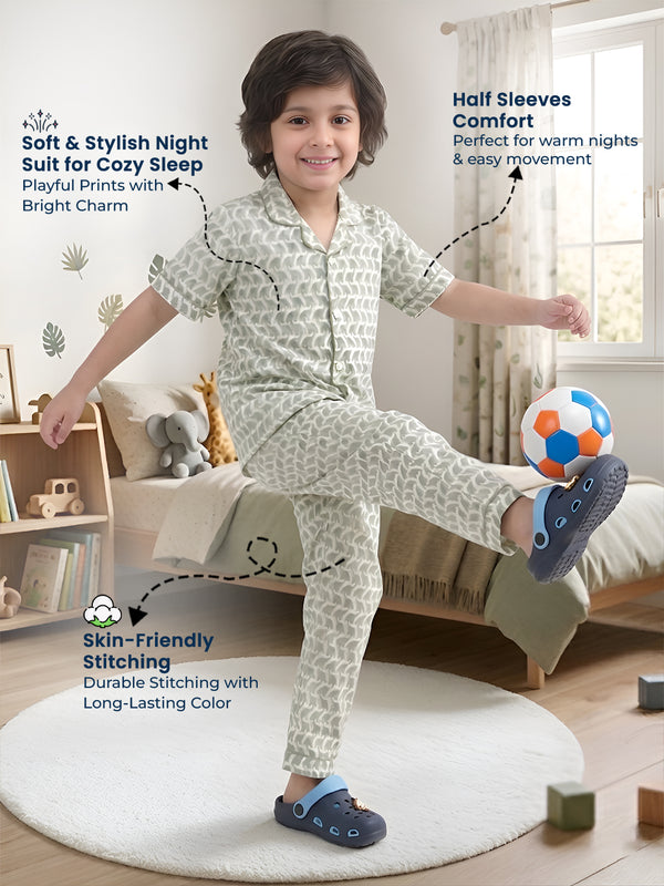 Polka Tots Half sleeves Elephant print Night Suit - Green