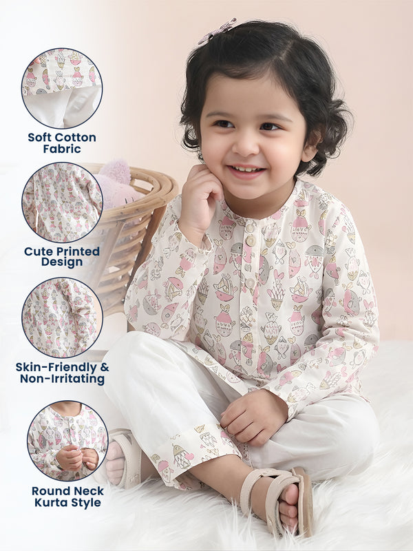 Polka Tots Fish print Full sleeves Nightwear Kurta pyjama set - Pink