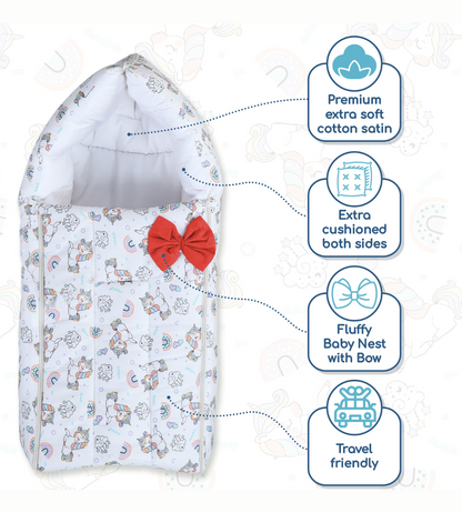 Polka Tots Baby Sleeping Nest Cotton Carry Pod Bedding for Newborn Sleeping Bag with a Bow -Unicorn print White