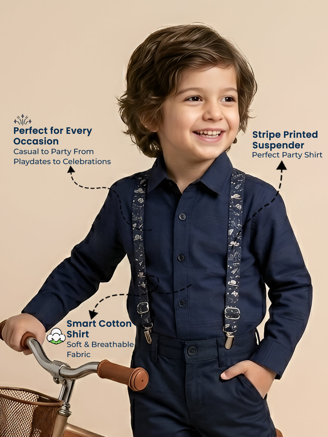 Polka Tots self stripe printed suspender shirt - Blue