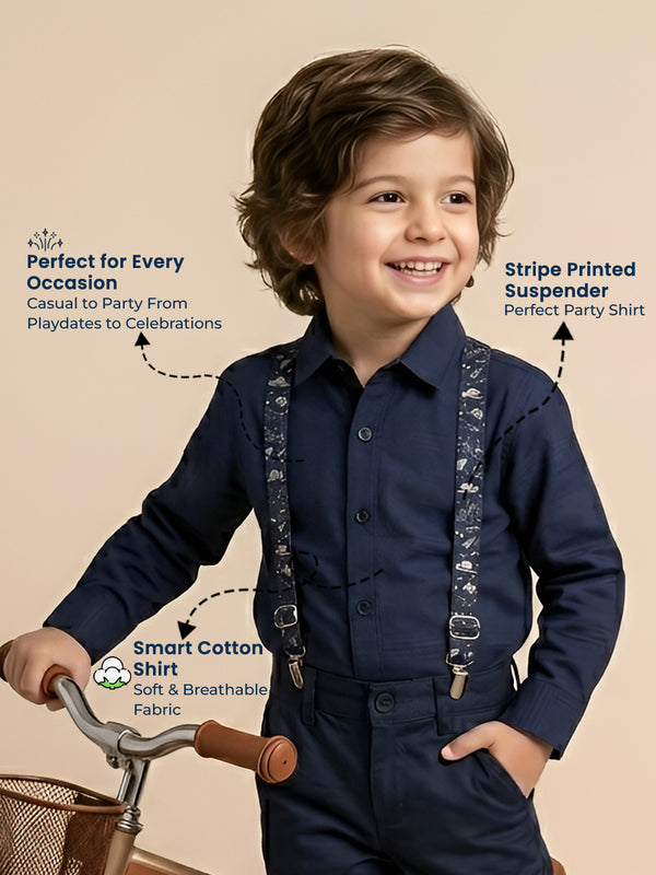 Polka Tots self stripe printed suspender shirt - Blue