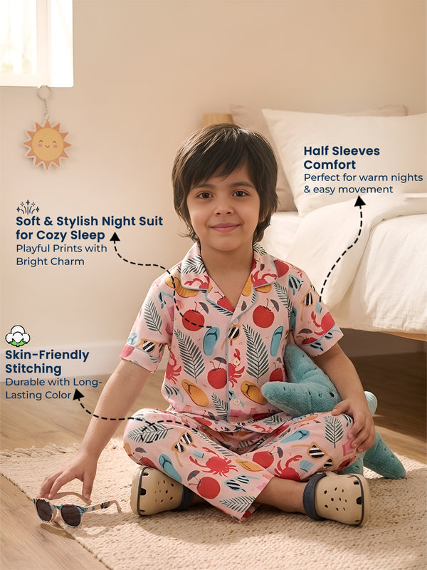 Polka Tots Half Sleeves Beach print Night Suit - Multicolor