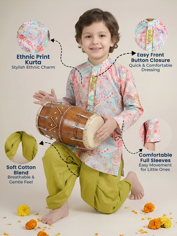 Polka Tots Full Sleeve Ethnic Print Kurta with Dhoti Set - Green