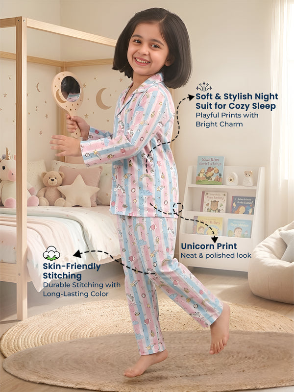 Polka Tots Full sleeves Unicorn print Stripes Night suit - Pink