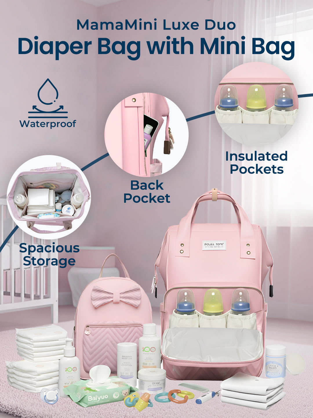 Pink diaper bag with features highlighted on a light background
