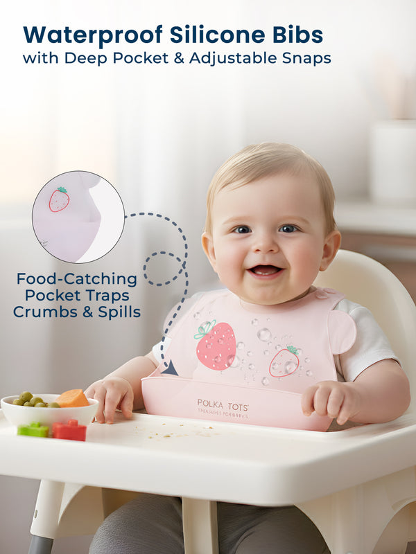 Polka Tots Waterproof Silicone Bibs with Pocket and Adjustable Snaps (Strawberry)