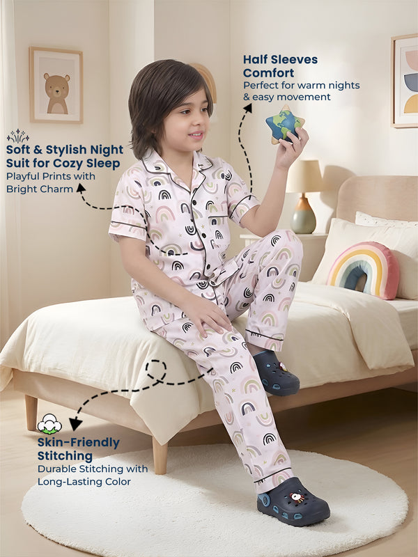 Polka Tots Half sleeves Rainbow print Night Suit - White