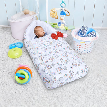 Polka Tots Baby Sleeping Nest Cotton Carry Pod Bedding for Newborn Sleeping Bag with a Bow -Unicorn print White