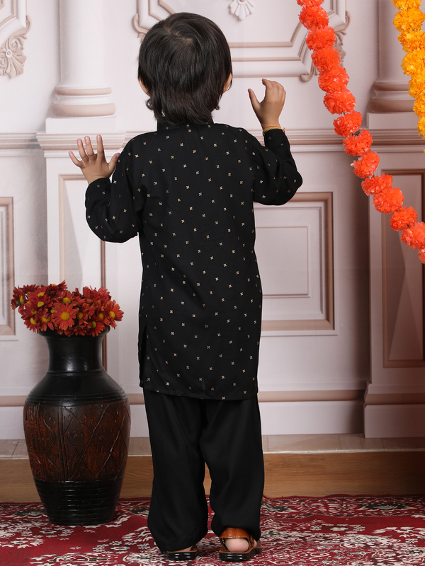 Polka Tots Full Sleeve Ethnic Motif Kurta Pyjama Set - Black