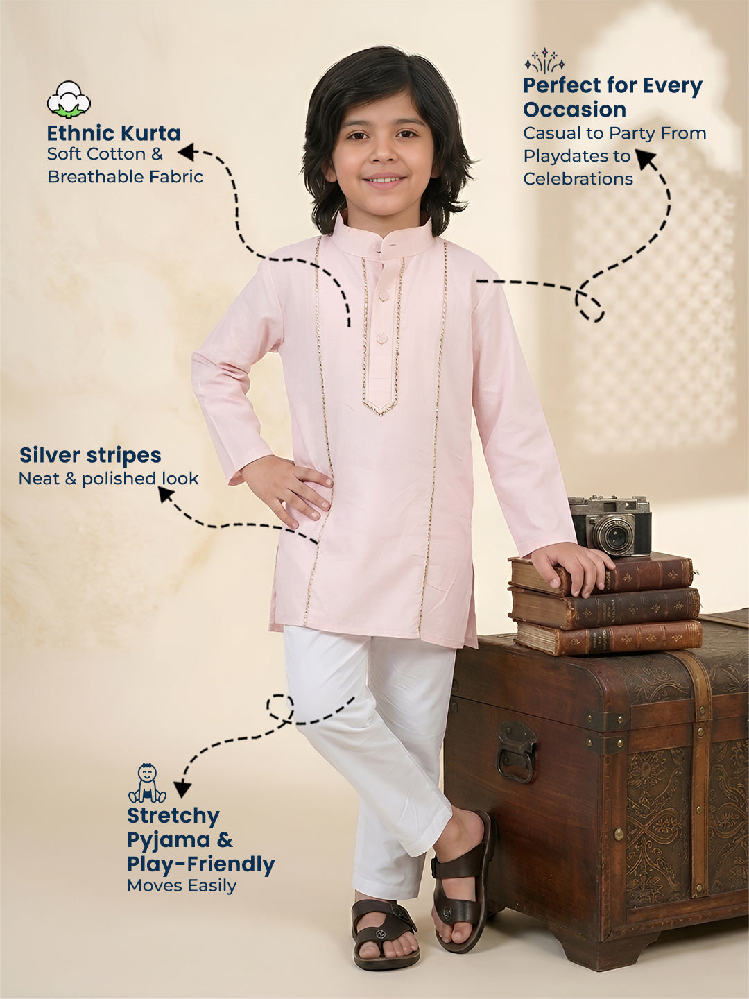 Polka Tots Full Sleeve Silver stripes Kurta Pyjama Set - Pink