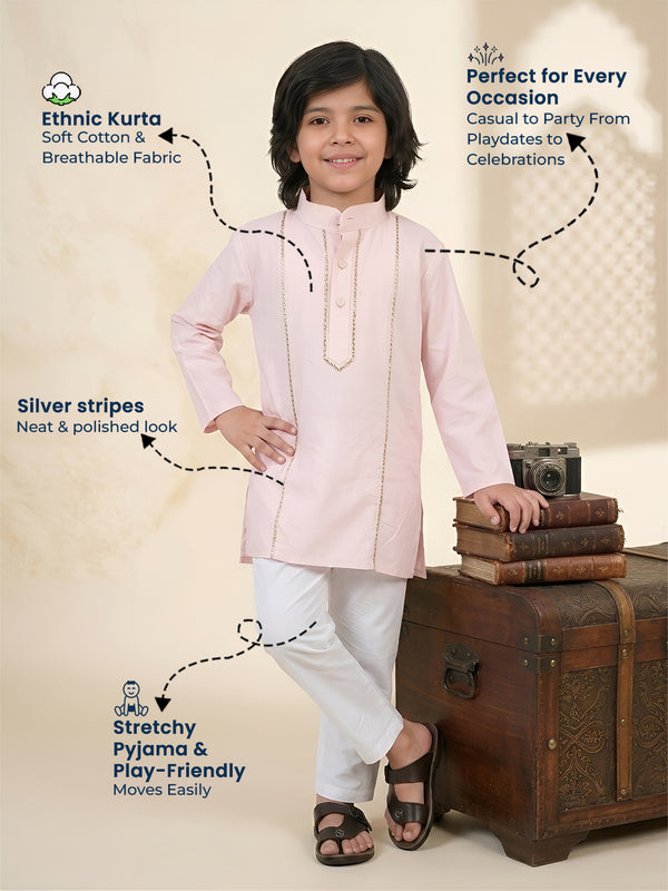 Polka Tots Full Sleeve Silver stripes Kurta Pyjama Set - Pink