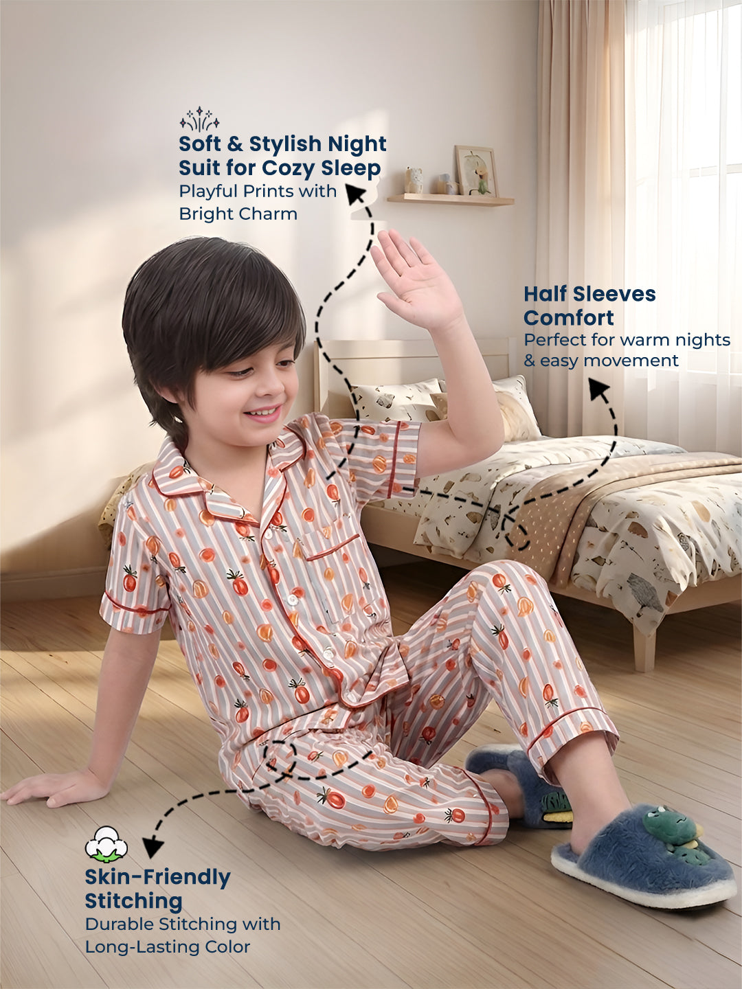 Polka Tots Half sleeves Stripes Fruit print Night Suit - Multicolor