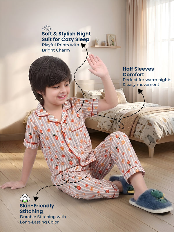 Polka Tots Half sleeves Stripes Fruit print Night Suit - Multicolor