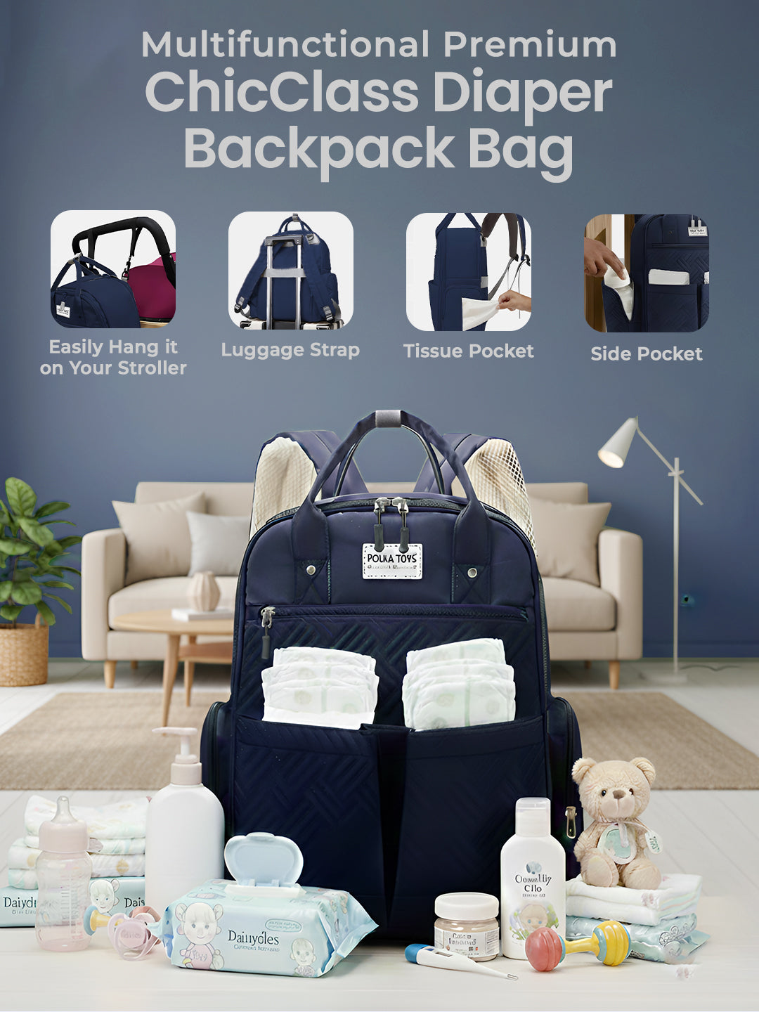 Multifunctional Premium ChicClass Diaper Backpack Bag with various compartments and baby items on a living room floor.